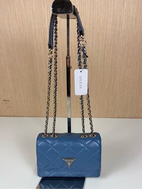 GUESS Blue Quilted Mini Crossbody Shoulder Bag NWT Gold Chain
